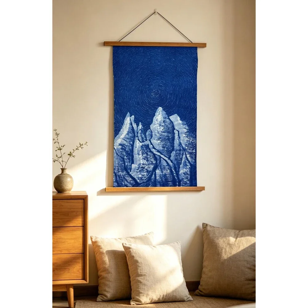 Star Trail Mountain Wall Art | Handmade Indigo Batik Tapestry | Astronomy Gift